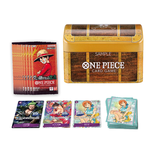One Piece card game packaging with character cards and wooden chest on a white background