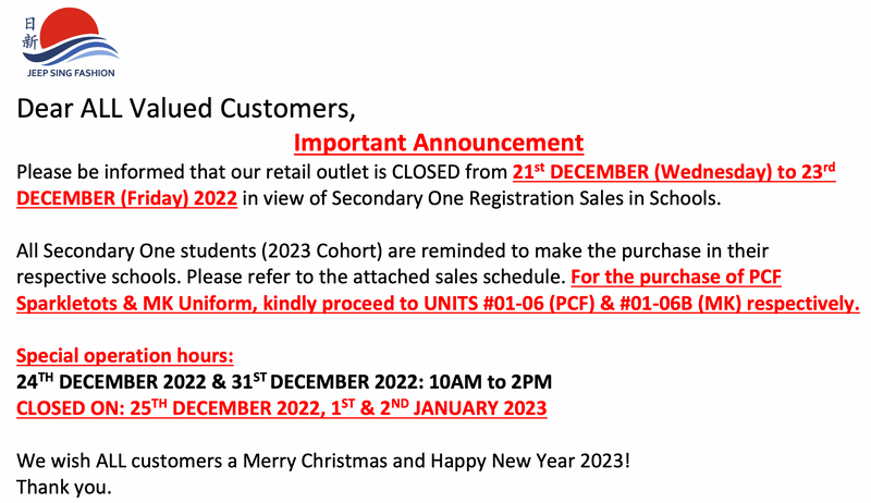 Retail Outlet Closure & Special Operating Hours