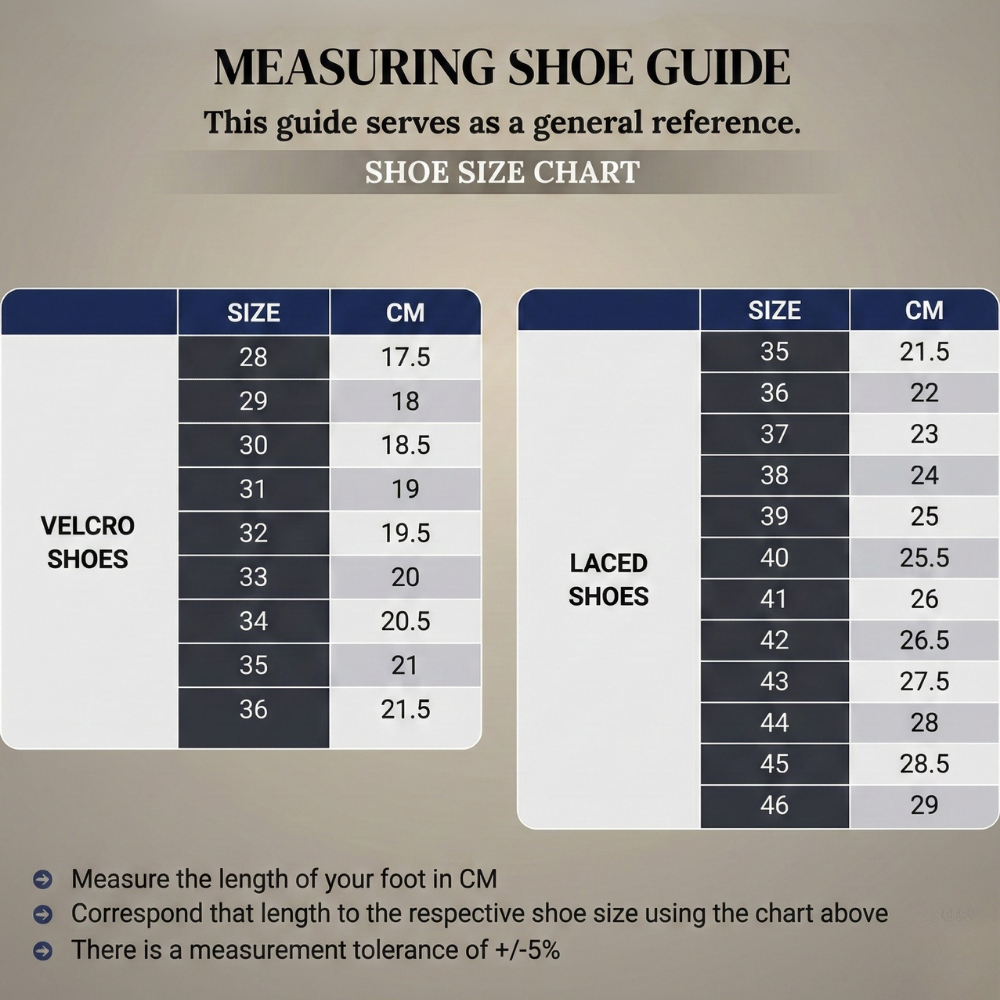 Measuring shoe guide with size chart for velcro and laced shoes on a beige background.