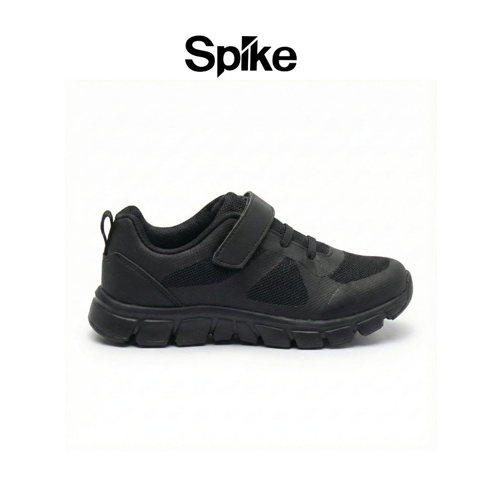 Black children's shoe with a visible 'Spike' logo on a white background
