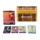 One Piece card game packaging with character cards and wooden chest on a white background