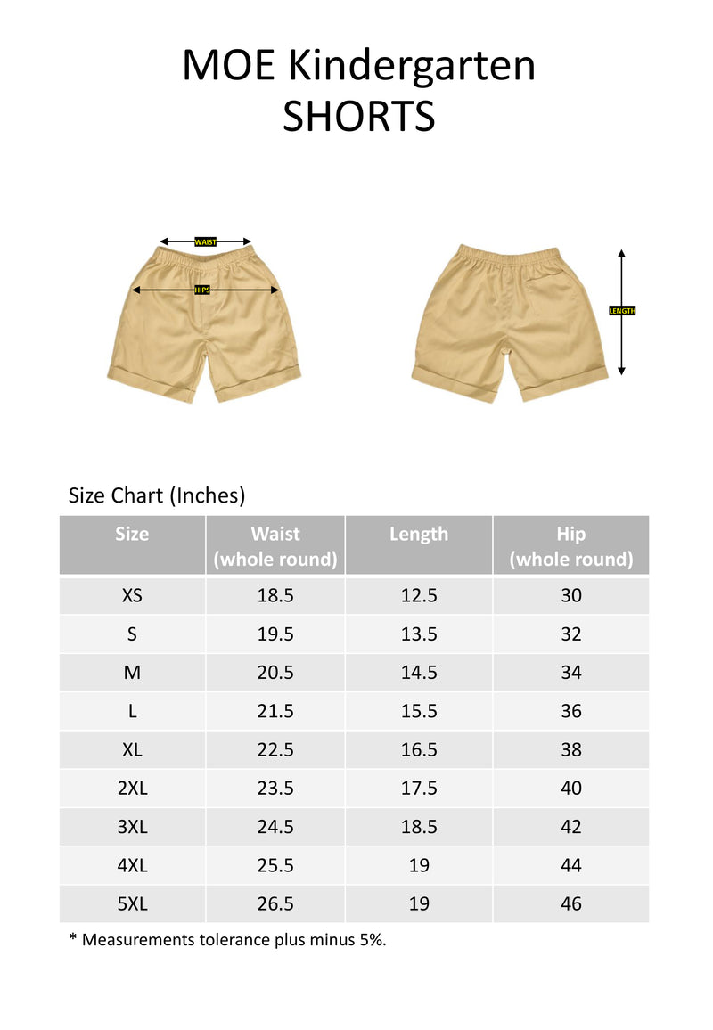 MOE Kindergarten Shorts Sizing chart